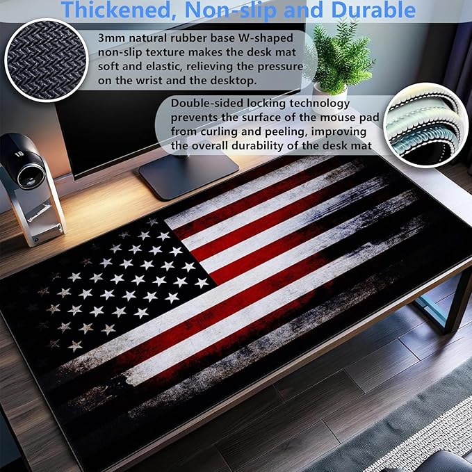 American Flag Desk Pad Mat Retro Design Art Desk Pad Extended XL Large Gaming Mouse Pad with Stitched Edges Mouse and Keyboard Computer Laptop Desktop Pad 31.5X15.7 in