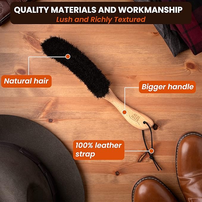 Hat Brush Clothes Brush for Suits Lint Brush Felt Cowboy Hat Cleaner Suit Brush Laundress Lint Roller Wool Cashmere Velvet Furniture Pet Hair Cleaning Kit 100% Horsehair Bristle - 1 Pack