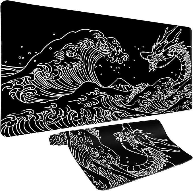 Dragon Mouse Pad Desk Mat Japanese Sea Wave Large Gaming Mouse Pad Anime Desk Pad Mousepad XXL Extended Keyboard Mat Black Mouse Mat, Waterproof, 31.5x15.7 in