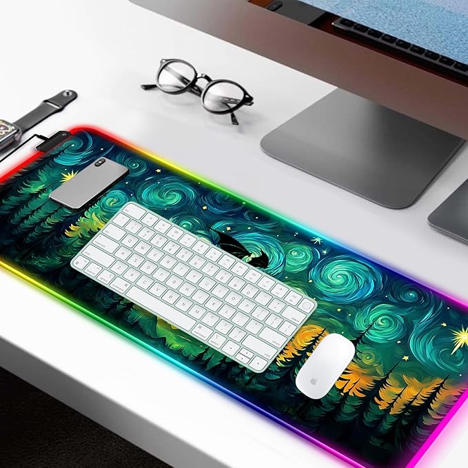 RGB Fantasy Starry Night Forest and Dragon Gaming Desk Mat, Computer Keyboard Large Extended Long LED Mouse Pad for Office and Home, XL (W05)