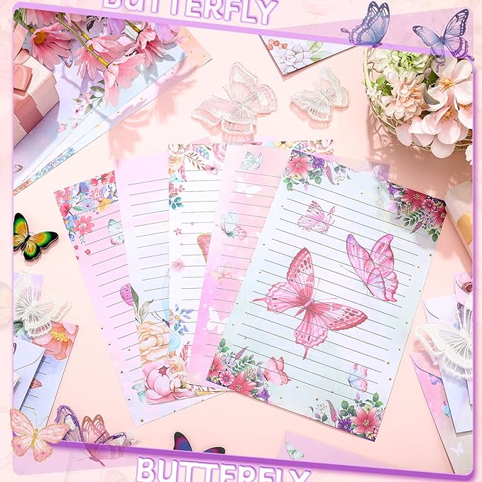 TaoBary 160 Pcs Stationery Paper Set 50 Double Sided Stationery Papers with 50 Matching Envelopes and 60 Round Dot Sticker, 10 Design(Watercolor Butterfly,5.5 x 8.25 Inch)