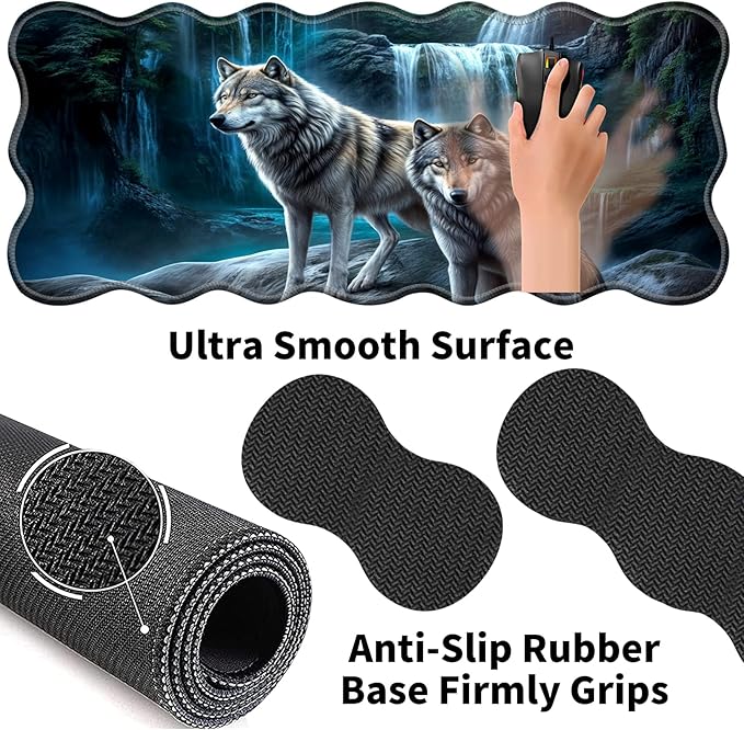 Gaming Mouse Pad Set with Wrist Support, 31.5"x11.8" Large Non-Slip Desk Mat, Ergonomic Keyboard Wrist Rest & Mouse Pad, Memory Foam Cushion Comfort & Precision for Gaming Office, Waterfall Wolf