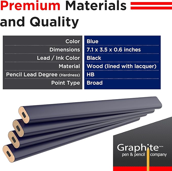 GRAPHITE Hard Lead Carpenter Pencil #2 Lumber Pencil (1) Pack of 12 PCS - Industrial Pencil Wood Flooring Marker for Wood Working Tools Marking & Concrete Marking - Blue
