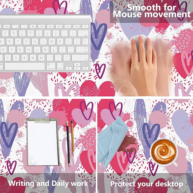 MIOAOSRT Desk Mat,Pink and Violet Hearts Gaming Mouse Pad,XXL Extended Mouse Pad Mat for Office,Computer,Keyboard with Non-Slip Base Stitched Eges Mousepad 35.4x15.75 inch