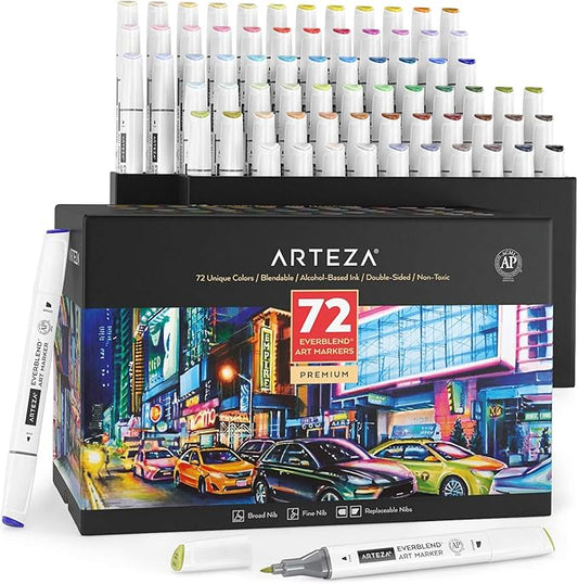 ARTEZA Art Alcohol Markers Set of 72 Colors, EverBlend Dual Tip Markers with Organizer Box, Fine and Broad Chisel Nib