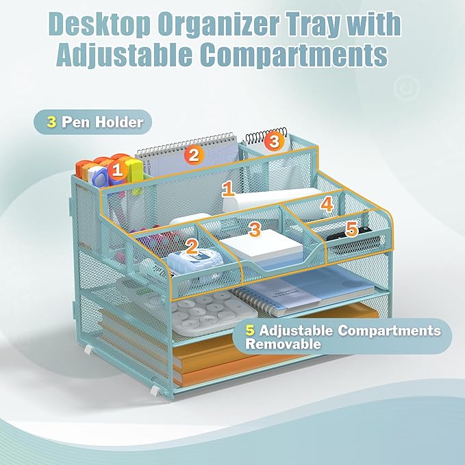 Docnest 3 Tier Mesh Desk Organizer for Paper Office Supplies – Multi-Functional Letter Tray with 5 Adjustable Compartments, 3 Pen Holders, Desktop Storage for Files, Mail, Stationery – Blue