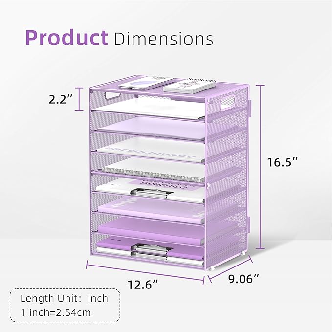 DALTACK 9-Tier Paper Letter Tray Desk Organizer with Handles, Mesh File Holder Organization, Paper Sorter Desk Organizer for Office Home School, Purple 2 Pack