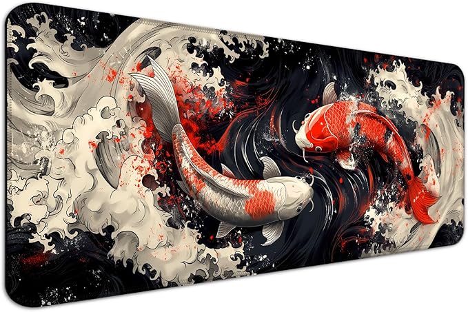 Japanese Koi Fish Gaming Mouse Pad, Extended Large Yin and Yang Desk Mat, Computer Keyboard Laptop Mousepad for Work, Office and Home, XL