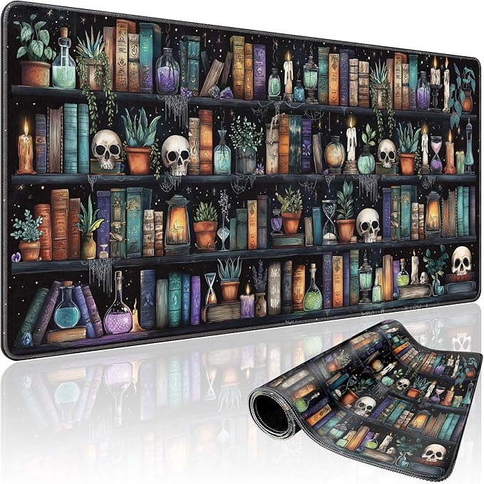Gothic Library Large Gaming Mouse Pad 31.5"x15.7"｜Vintage Bookshelf XXL Desk Mat, Non-Slip Rubber Base & Stitched Edges - Extended Waterproof Mousepad for PC/Laptop/Office/Home Decor