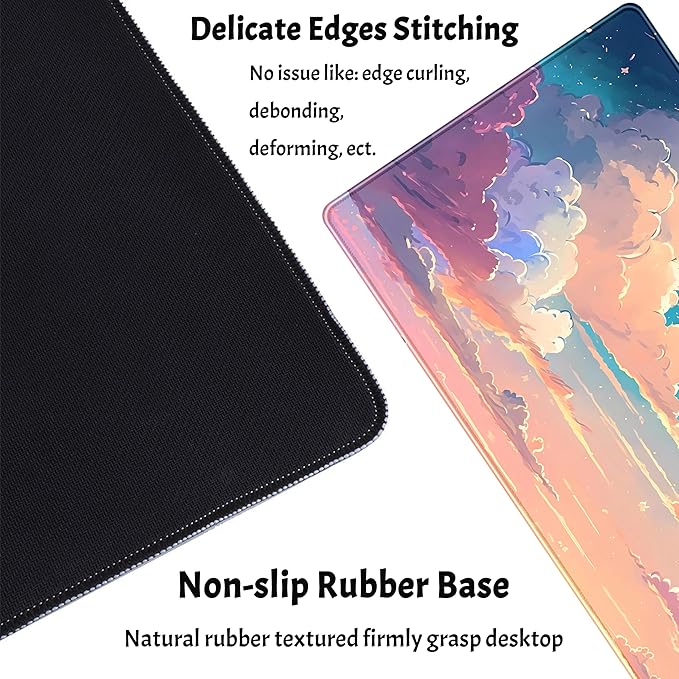 Cool Pink Desk Mat Pastel Clouds Large XXL Gaming Mouse Pad Non-Slip Rubber Base Mousepad, Office Desktop Decor Desk Pad, Computer Laptop Keyboard and Mouse Mat with Stitched Edges, 31.5x15.75 in