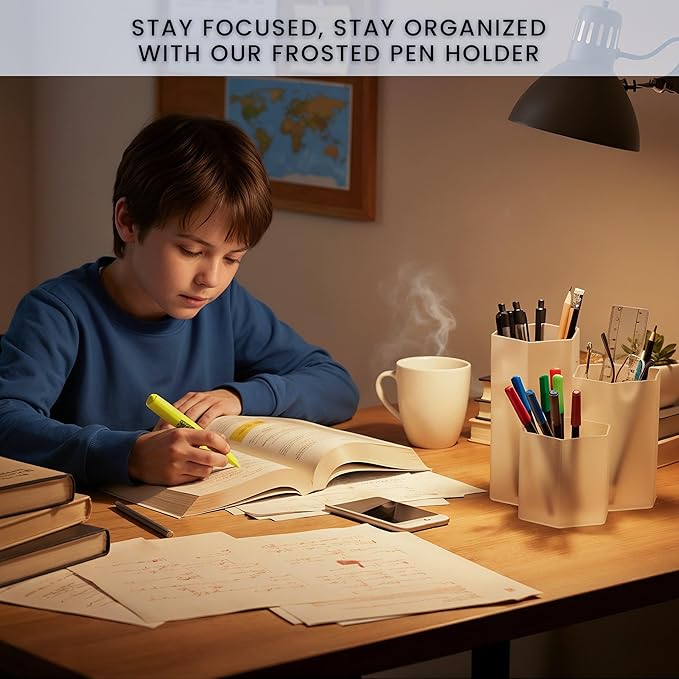 Clear Pencil Holder for Desk | 3 Compartment Organizer Desk Cute Pen Holder | Hexagonal Shape Pencil Cups for Classroom, Offices, Teacher Desks | Multipurpose Make up Organizers and Storage Accessory