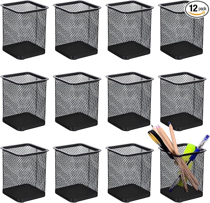 TooCust Black Mesh Pencil Cup Holder for Desk, 12 Pack Mesh Square Pen Holder - Thickened Metal & Non-Slip Bottom, Wire Pencil Holder Makeup Brush Holders Pen Cup Bulks for Home, School & Office