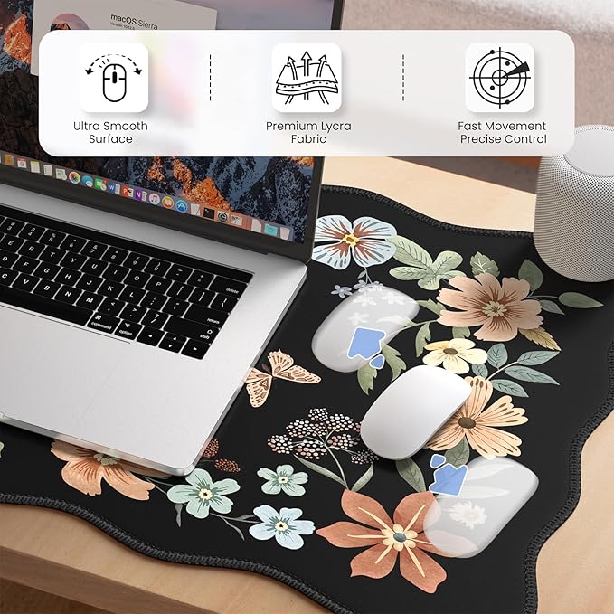 HAOCOO Desk Mat for Keyboard and Mouse, Large Scalloped Desktop Mat, Floral Mouse Pad for Desk, Washable Computer Desk Mat with Edge Stitching, Non-Slip Large Mouse Pad for Office, Home(Black)