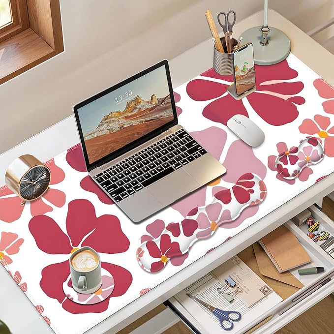 Desk Mat Gaming Mouse Pad, Cute Desk Matt Keyboard Wrist Rest for Desktop, Anti-Slip Mousepad w/Stitched Edges, XXL Large Mouse Pad with Wrist Support for Desk Computer I Burgundy Lucky Flower