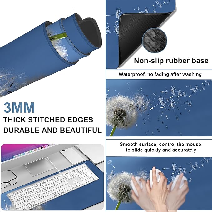Flying Dandelion Seeds Gaming Mouse Pad 3mm Thick Stitched Edge Waterproof Non-Slip Large Computer Keyboard Mouse Mat,Suitable for Office Entertainment Decorative Desk Pad 35.4 x 15.7 Inches