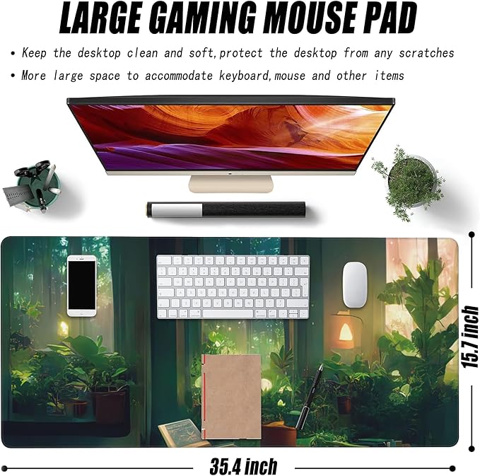 Desk Mat, Cute Lofi Green Extended Large Gaming Mouse Pad XXL, Non-Slip Rubber Base Stitched Edges Waterproof Long Computer Keyboard Desk Pad Mouse Mat for Home Office Gaming 35.4"X15.7"