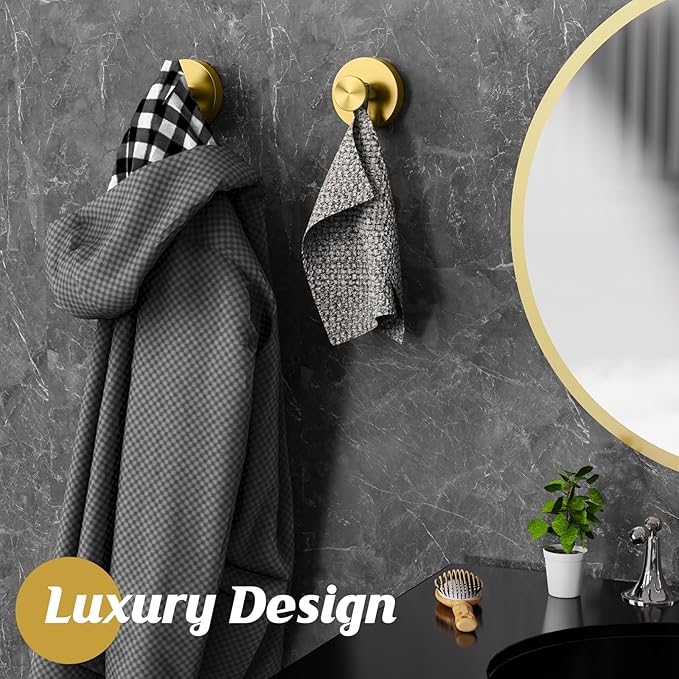MOTAIPEAK Suction Cup Hooks for Shower,Removable Shower Towel Suction Hooks for Bathroom Wall,Kitchen,Glass,Mirror,Tile to Hang Robes,Loofah-Gold(2-Pack)