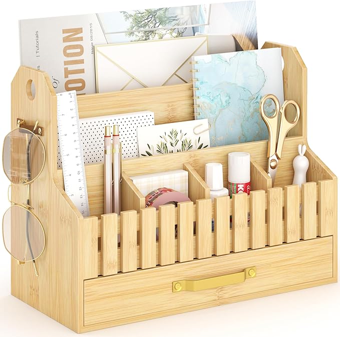 Bamboo Mail Organizer Countertop with Drawers, Wood Desk File Organizer Desktop Paper Organization Storage Bill & Letter Sorter Holder for School Home Office Supplies, No Assembly Required (Nature)
