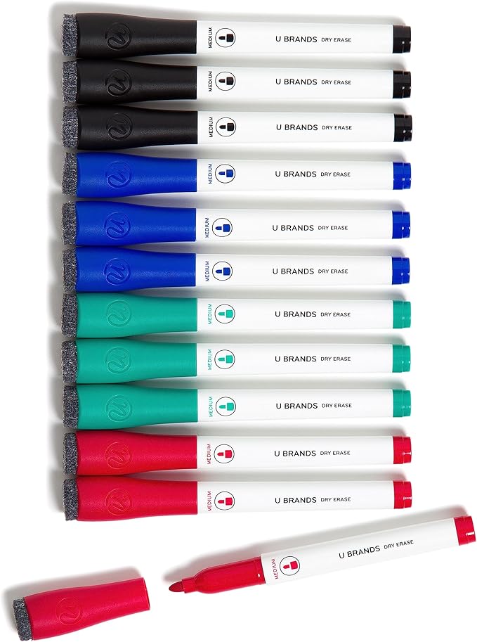 U Brands Fine Tip Dry Erase Markers with Eraser, Whiteboard Markers, Low Odor, Assorted Colors, Set of 12
