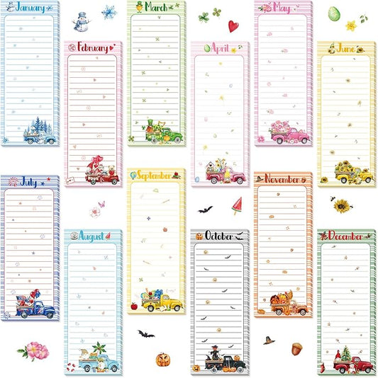 Eaasty 12 Pcs Seasonal Magnetic Notepads for Refrigerator Monthly Magnetic Grocery List 9 x 3.5 Magnet Memo Pads 30 Sheet Per Pad Shopping to Do List for January to December (Text Style)