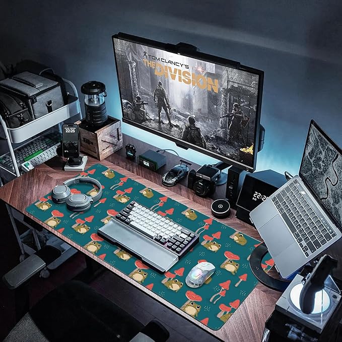 Desk Pad, Cute Green Frogs and Mushrooms Extended Large Gaming Mouse Pad XXL, Large Desk Mat for Desktop with Non-Slip Rubber Base Stitched Edges for Home Office 35.4"X15.7"