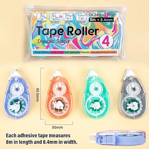 4 Pack Double Sided Tape Roller, Scrapbook Supplies, Double Sided Tape for Crafts, Tape Dispenser, Double-Sided Adhesive Tape Runner for Scrapbooking Kit, 0.3IN x 26FT
