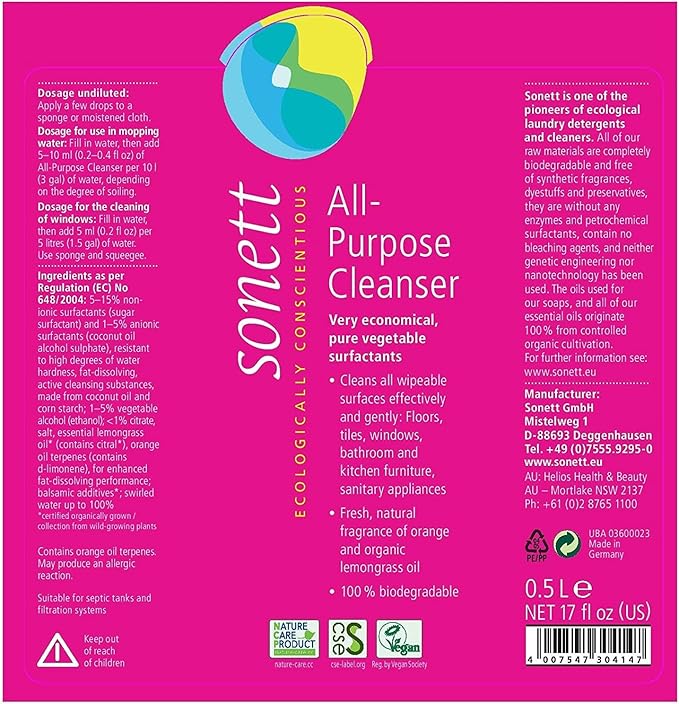 Sonett Organic Universal All Purpose Cleaner Cleans all wipeable surfaces effectively and gently: Floors, tiles, windows 17 fl.oz (Pack of 6)