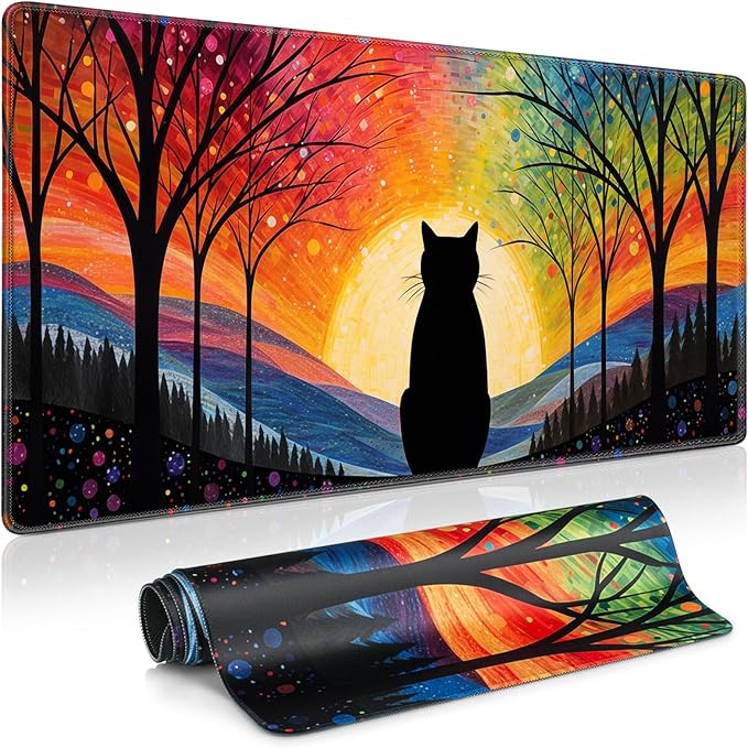 Anime Black Cat Mouse Pad Cute Desk Mat, XXL Large Gaming Mouse Pad Keyboard with Stitched Edges Non-Slip, 35.4×15.7in Keyboard Mat for Desktop Computer Laptop Office Women Desk