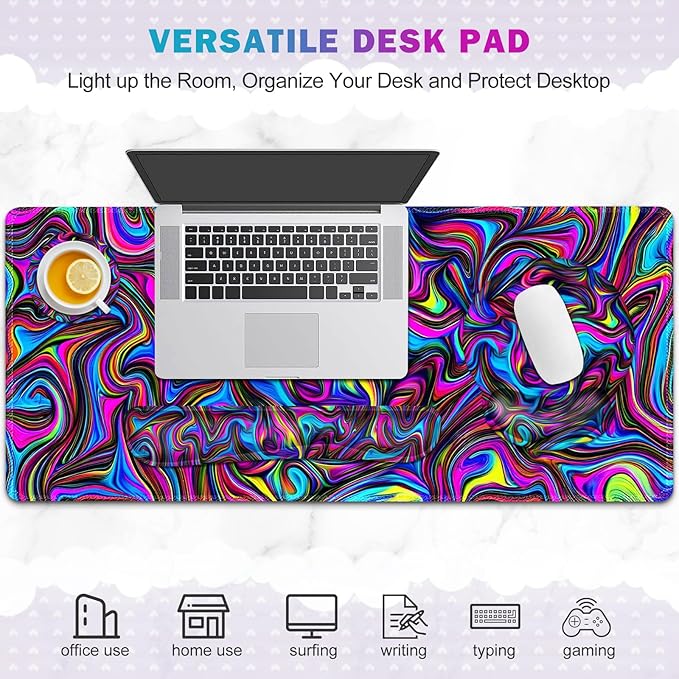 Gaming Mouse Pad, Large Desk Mat, Cute Desk Pad Protector, 4in1 XXL Mousepad + Keyboard Wrist Rest+Mouse Wrist Rest+Coaster Set with Ergonomic Desk Pad for Home Office Computer, Dazzling Bright Color