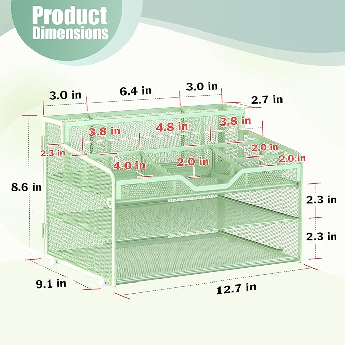 Docnest 3 Tier Mesh Desk Organizer for Paper Office Supplies – Multi-Functional Letter Tray with 5 Adjustable Compartments, 3 Pen Holders, Desktop Storage for Files, Mail, Stationery – Green