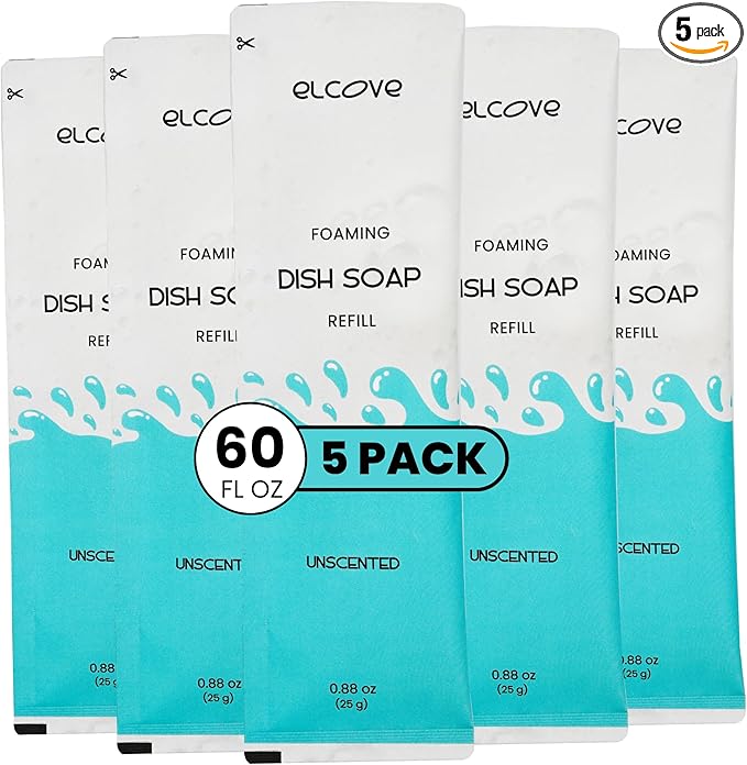 Foaming Dish Soap Refills (5pk), Concentrated Powder Refills Make 5 Bottles x 12oz each of Non Toxic Eco Friendly Unscented Dish Soap, Zero Waste, Plastic Free, Septic Safe
