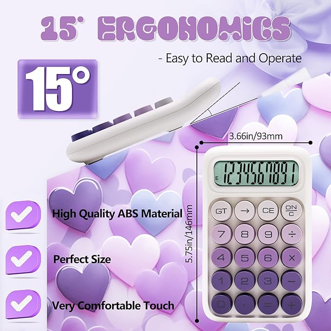 Mechanical Switch Calculator, 10 Digits, Large LCD Display, Purple, Big Buttons, Aesthetic