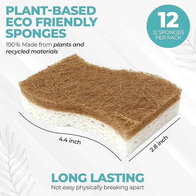 Purely Calm Plant Based Natural Sponge - Pack of 12 Cellulose Sponges, Safe on Non-Stick Cookware, Dual Sided Dish Sponge for Washing Dishes, Kitchen and Household
