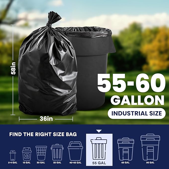 Plasticplace Contractor Trash Bags 55-60 Gallon │ 6.0 Mil │ Black Heavy Duty Garbage Bag │ 36” x 58” (25 Count)