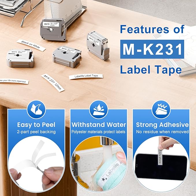 20 Pack Labelife M-K231 Label Tape Replacement for Brother P Touch M Tape 12mm 0.47 White M231 MK231 M-231 M-K231s Compatible for Brother Ptouch PT-65 PT-M95 PT-85 PT-75 Label Maker Refills