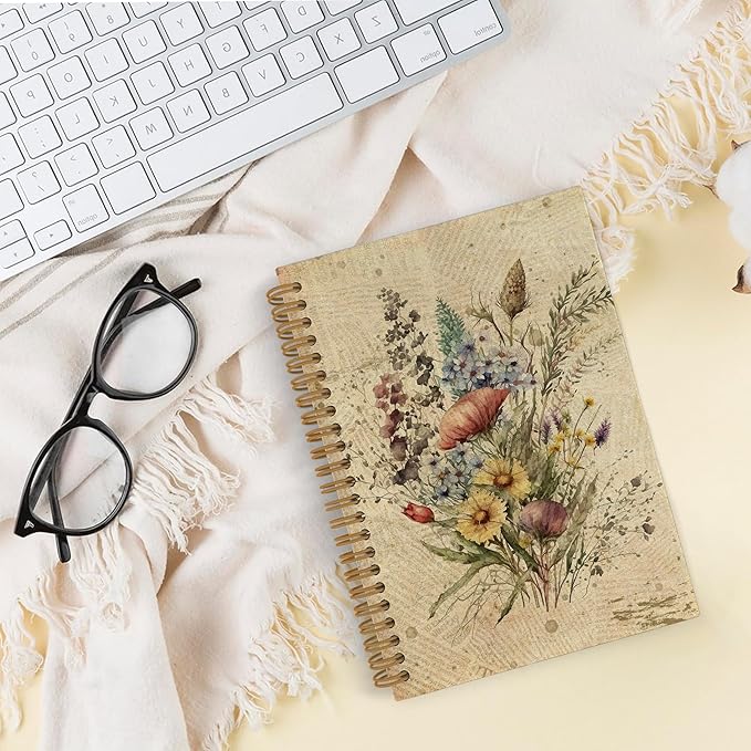 Vintage Floral Spring Spiral Notebook, Flower Journal Notebook, Floral Journal, Retro Floral Plant Notebooks for School Work, Boho Botanical Office Supplies Gifts for Women Men, 5.5x8.3 Inch