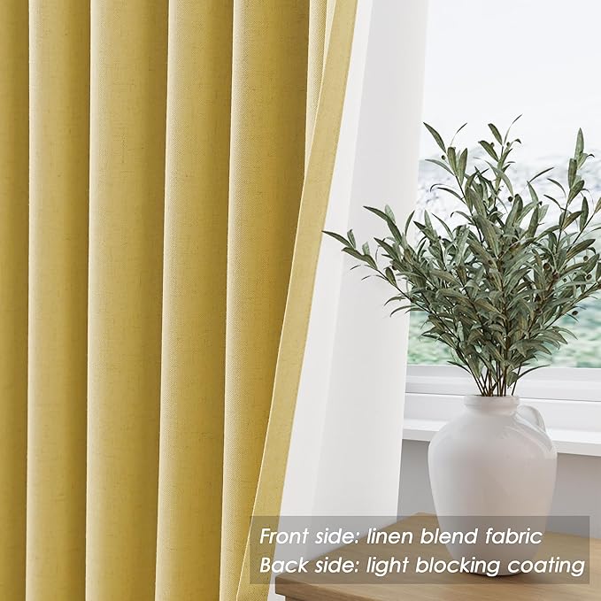 Nanspring Gold Linen Blackout Curtains 84 Inches Long Back Tab Rod Pocket Heat Reducing Noise Cancelling Total Sun Blocking 2 Panels Set for Sliding Door Boho Farmhouse Curtains Drapes 52x84