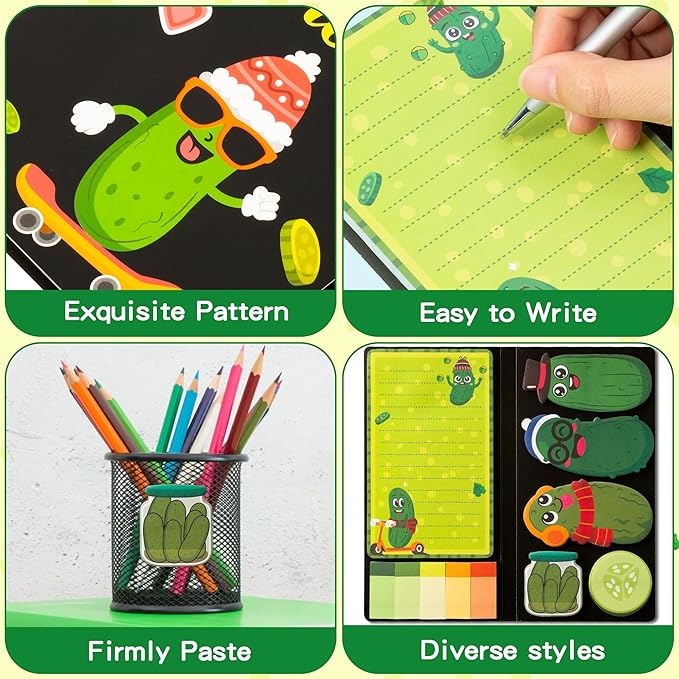 B1ykin Sticky Notes Set - Cartoon Theme Cute Self-Stick Notes Pad Teacher Appreciation Gifts， Self-Adhesive Writing Memo Pages Sticky to Do Notepad for Kids Employee School Office (Pickles)