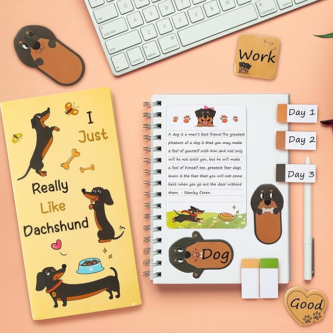 Xqumoi I Just Really Like Dachshund Sticky Notes Set, 550 Sheets Cute Cartoon Dachshund Self-Stick Notes Pads Animal Divider Tabs Bundle Writing Memo Pads Back to School Office Supplies Small Gift