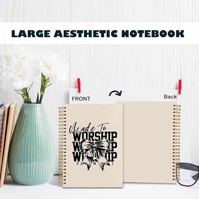 BearCake Christian Coquette Bow Notebook Journal, Made to Worship Prayer Journal for Women, Preppy Christian Gifts for Women, Bible Journaling Neutral Hardcover Spiral Notebook 5.5x8.3