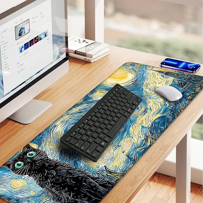 Vincent Van Gogh Starry Night Black Cat Mouse Pad – Large 31.5" x 11.8" Extended Desk Mat with Artistic Swirling Starry Sky Design, Non-Slip Rubber Base, Smooth Surface for Gaming & Office