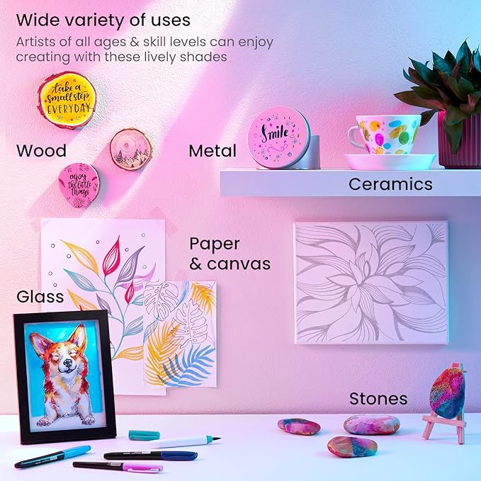 ARTEZA Colored Permanent Markers, Set of 16, Brush Tip Pens