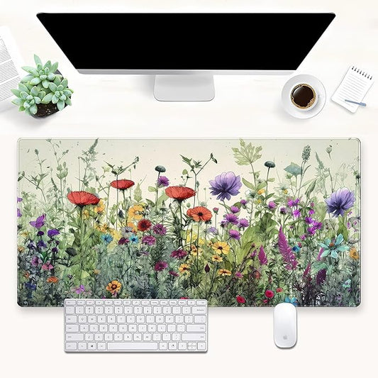 Boho Floral Desk Pad Watercolor Flowers Desk Mat XL Large Gaming Mousepad Extended Aesthetics Laptop Computer Keyboard and Mouse Pad Office Desk Decor for Women 31.5 x 15.7 in
