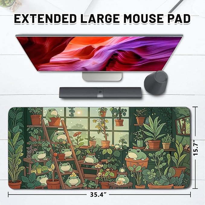 Large Frog Gaming Mouse Pad, Lush Green Nature Theme Mouse Mat, Indoor Whimsical Frog Mousepad, Extended Gaming Desk Accessories for Boys, Non-Slip Desk Mat for Keyboard and Mouse 15.7” x 35.4” XXL