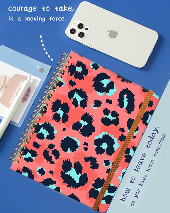 Ruled Spiral Writing Notebook,A5 Hardcover Lined College Journal for Women,Strong Twin-Wire Binding with Premium Paper,8.4" X 6",Perfect for School,Office,Home(Coo Pink Leopard)