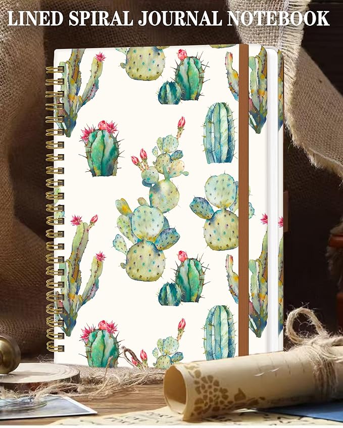 Spiral Journal Notebook for Women, Hardcover A5 College Ruled Notebook, 120 Pages, Thick Paper, Cute Lined Journal for School, Office & Work, 6 x 8.4 in(Watercolor Cactus)