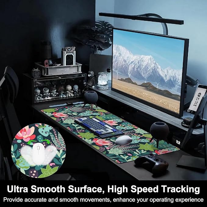 Mouse Pad, Large Succulents and Cactuses Desk Mat, Extended Non-Slip Gaming Keyboard Mousepad Desk Pad, Thick Stitched Edges Waterproof Mouse Mat 31.5"x15.7" (Tropical Plants)