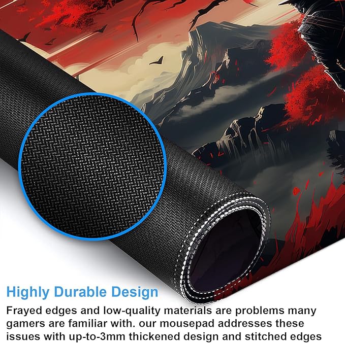 Desk Pad, Japanese Samurai Cherry Blossoms XXL Gaming Mouse Pad with Stitched Edges,Non-Slip Waterproof Rubber Base Large Desk Mat for Keyboard and Mouse 35.4"x15.7"