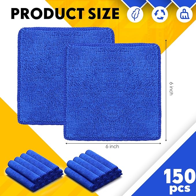 Newwiee 150 Pcs Microfiber Cleaning Cloth 6"x 6" Inch Softer Highly Absorbent Reusable Cleaning Rags for Kitchen Car Glass Home(Blue)