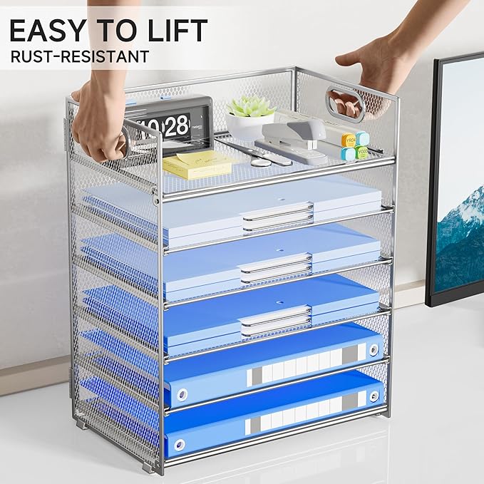 6 Tier Paper Organizer for Desk File Organizer with Handle Mesh Paper Letter Tray Organization for Desktop Document Holder for Office, Home & School-Silver